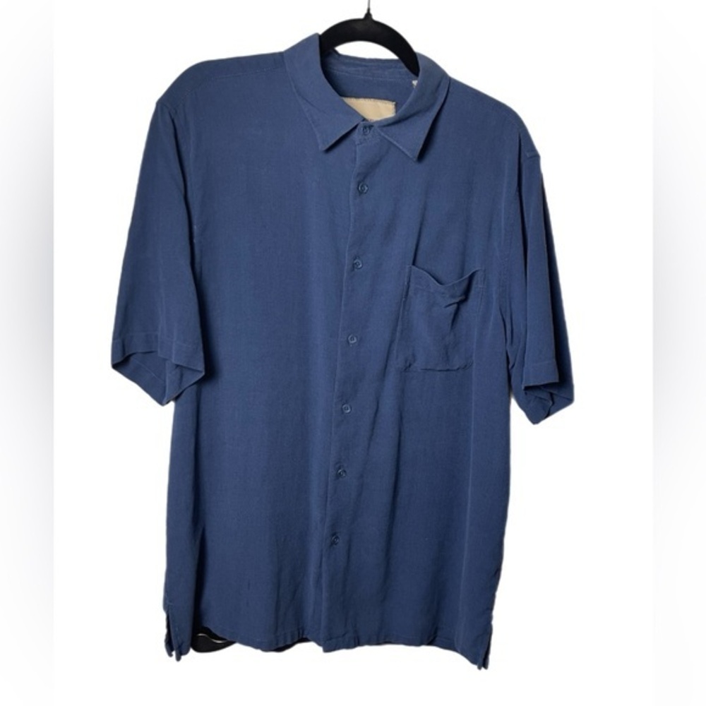 Island Republic Blue 100% Silk Short Sleeve Button Down Shirt Size Large